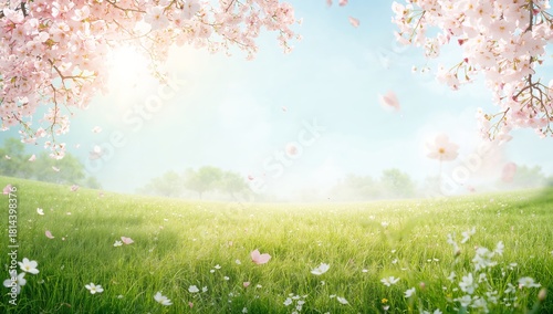 Soft Cherry Blossoms Sway Gently in the Spring Breeze Above a Lush Green Meadow
