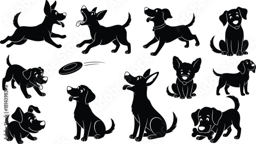 Flat vector, dog silhouettes, playful pets, running, jumping, sitting, frisbee catching, chewing bone, wagging tail, active animals, domestic dogs, training