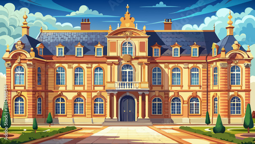 Majestic exterior view of a grand Renaissance palace with ornate stone arches and tall windows, showcasing historic European architecture in detailed realism