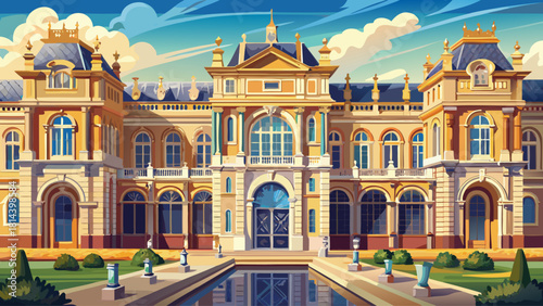 Majestic exterior view of a grand Renaissance palace with ornate stone arches and tall windows, showcasing historic European architecture in detailed realism