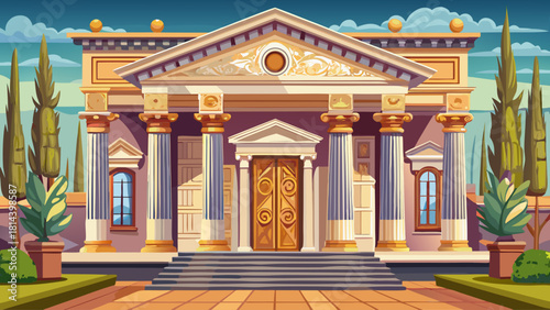 Elegant façade of an ancient Italian palazzo with intricate columns and decorative carvings, captured in a clear front-facing architectural scene