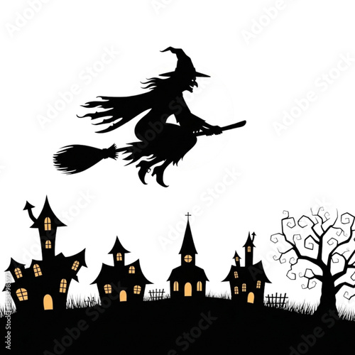 Black Silhouette of a Witch Riding a Broomstick Over a Haunted Village on Transparent Background in Spooky Fantasy Style.svg