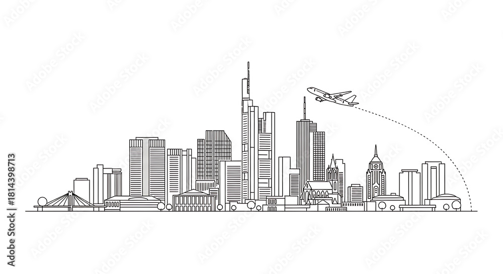 Naklejka premium Contemporary line drawing of Frankfurt skyline with airplane motif, highlighting German cityscape silhouettes, clean architectural outlines, and minimalist vector artwork for tourism and travel