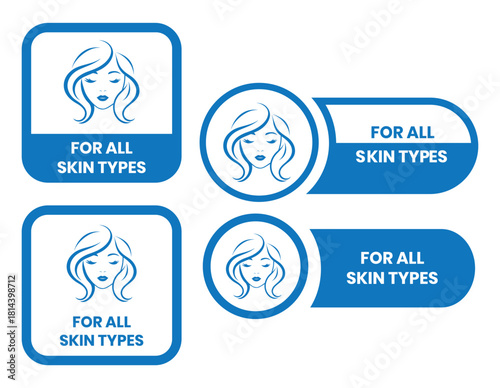 For all skin types label icon set. Face beauty women skin care packaging label for cream, toner, moisturizer, facial mask, lotion, logo, badge, symbol, black, line vector, isolated on white background