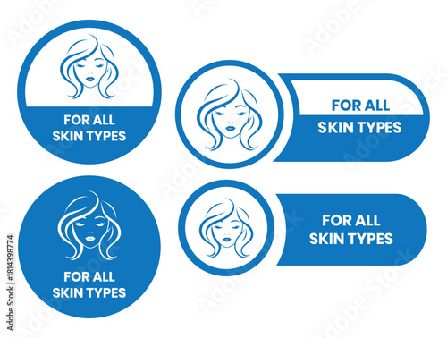 For all skin types label icon set. Face beauty women skin care packaging label for cream, toner, moisturizer, facial mask, lotion, logo, badge, symbol, black, line vector, isolated on white background
