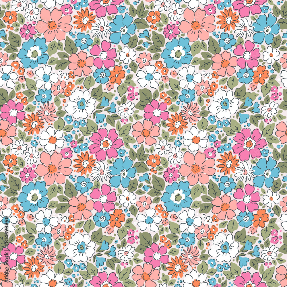 Naklejka premium Beautiful floral pattern in small flowers. Small pastel pink, blue and white flowers. Ivory background. Ditsy print. Floral seamless background. Liberty template, fashion print. Stock print for kids 