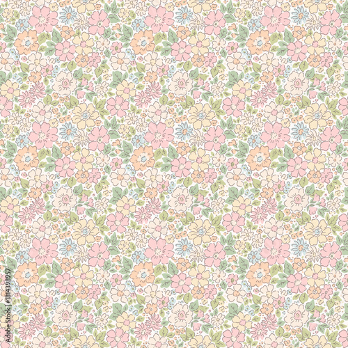 Cute feminine seamless gentle pattern with little tiny abstract flowers, liberty style. Beautiful floral pattern in small vintage flowers. Small pale color flowers. White background. Ditsy art print.