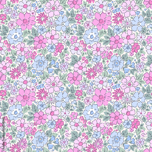 Beautiful floral pattern, small flowers. Small pastel pink, blue and lilac flowers. White background. Ditsy print. Floral seamless background. Liberty template for fashion prints. Stock flowers print 