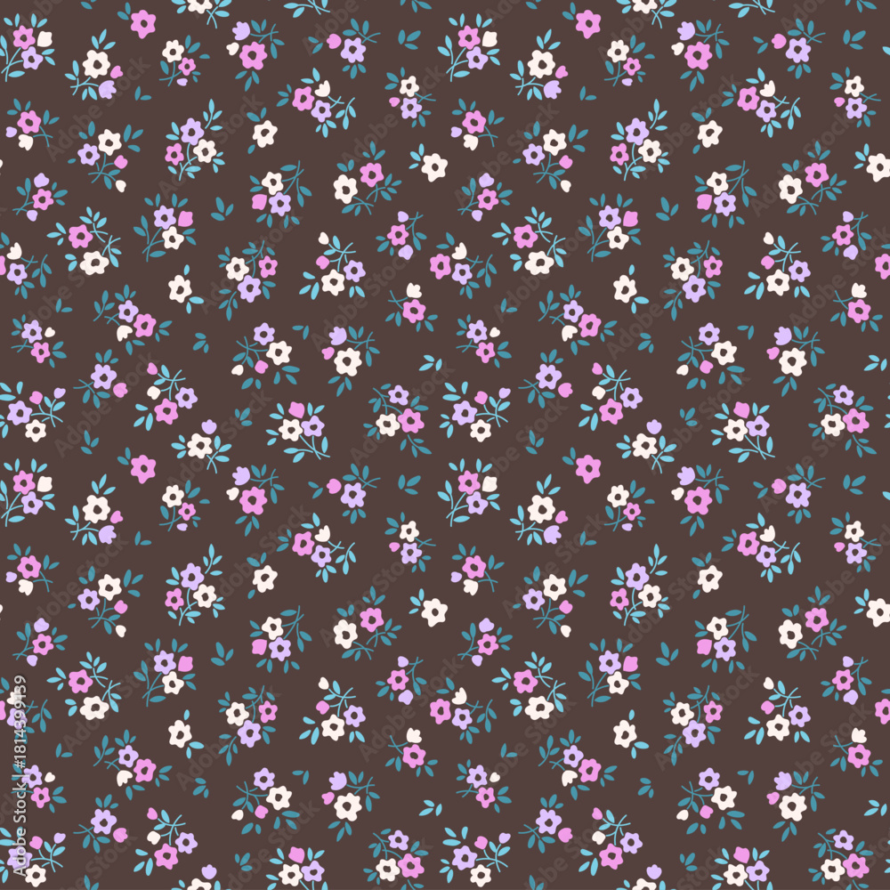 Fototapeta premium Vector seamless floral pattern. Cute pattern in small flowers. Small white, pink, lilac daisy flowers. Brown background. Ditsy floral background. Trendy Easter template for fashion textile prints.
