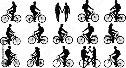 Flat vector, bicycle silhouettes, people riding bikes, cycling activity, outdoor lifestyle, companionship, couple walking, conversation, transportation, movement, freedom, healthy living, travel