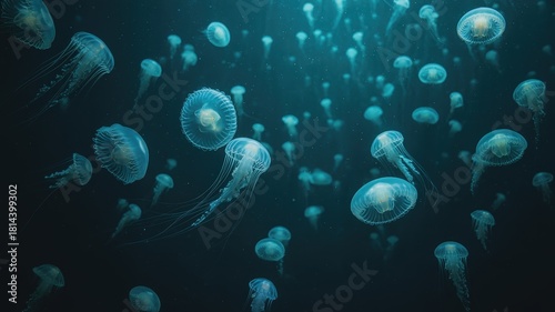 A mesmerizing school of jellyfish gracefully floats in the deep blue ocean water.