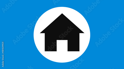 Black house icon in a white circle on a blue background. Home symbol for real estate, property, residential, or website navigation.