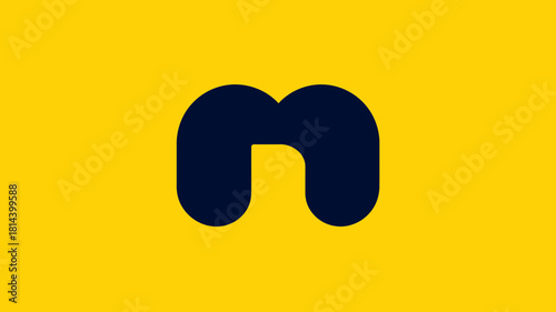 Abstract blue letter N or M shape on vibrant yellow background. Modern minimalist graphic design element, clean corporate identity concept.