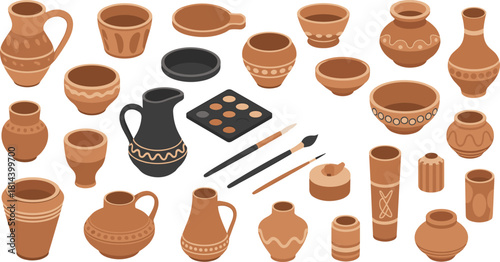 Isometric pottery and ceramic tools set with handmade clay pots bowls vases brushes sculpting equipment artisan craft illustration for workshop design