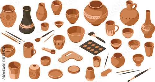 Isometric pottery and ceramic tools set with handmade clay pots bowls vases brushes sculpting equipment artisan craft illustration for workshop design