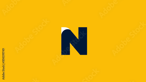 Modern stylized letter N initial on vibrant yellow background. Abstract graphic design element with geometric shapes and dark blue color.