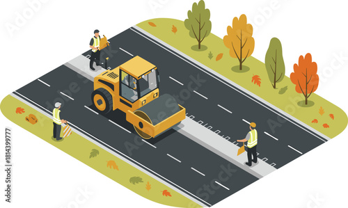 Isometric road construction scene with workers operating asphalt roller machinery, highway repair maintenance illustration showing pavement work and infrastructure development