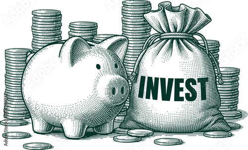 Engraving art engraving style illustration of a piggy bank next to a money bag labeled invest surrounded by stacks of coins, symbolizing savings and financial growth