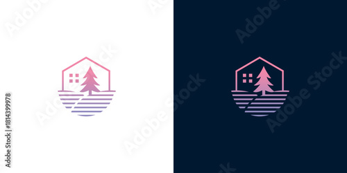 Minimalist hexagonal logo design featuring a serene pine tree and rolling hills within a natural landscape, symbolizing tranquility and eco-friendly living