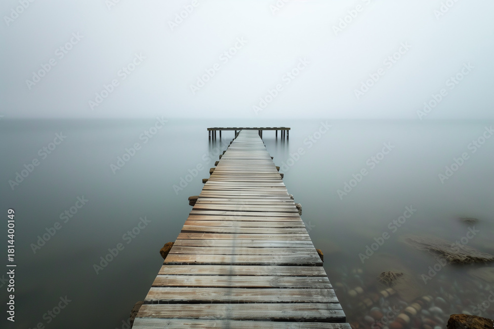 Fototapeta premium Serene wooden pier extending into calm waters, surrounded by misty atmosphere, creating a tranquil scene for relaxation and reflection, ideal for peaceful nature imagery