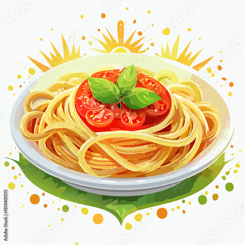 Golden Plate of Spaghetti Pasta with Tomato Sauce Fresh Basil and Cherry Tomatoes Garnished with Green Leaves and Sunburst Rays Overhead Isolated on White Background Delicious Italian Food Concept