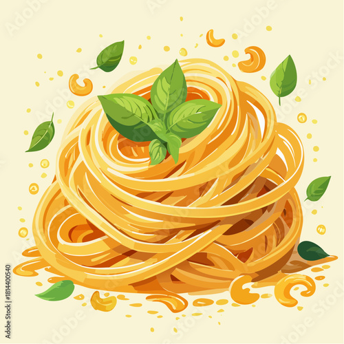 Pixel Art Style Bowl of Golden Linguine Pasta Garnished With Fresh Green Basil Leaves And Cashews On A Light Yellow Background With Scattered Crumbs And Golden Specks