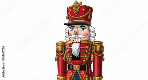 Illustration of a christmas nutcracker toy soldier with red uniform and decorative gold accents design