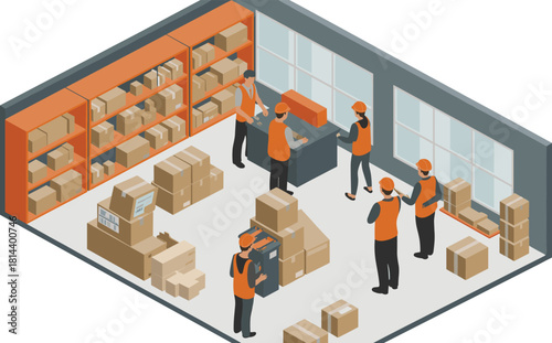 Isometric warehouse interior with workers sorting packages inventory management logistics storage shelves parcel handling supply chain distribution center illustration