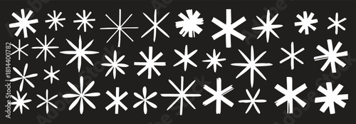"Abstract white starburst symbols arranged in a seamless horizontal pattern on a black background. Minimalist geometric asterisk shapes create a modern decorative design. Perfect for graphic, digital,