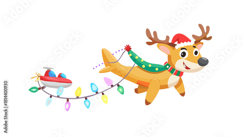 Cartoon reindeer flying a toy airplane decorated with Christmas lights