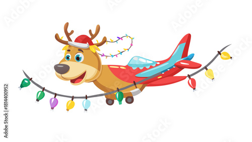 Cartoon reindeer flying a toy airplane decorated with Christmas lights