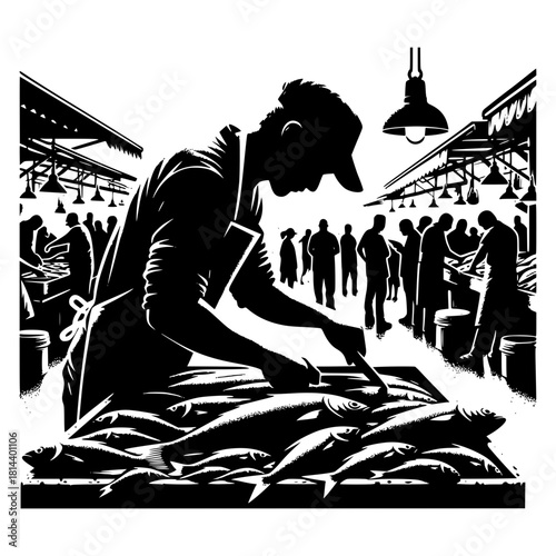 Fish seller cutting fish for customers vector image illustration