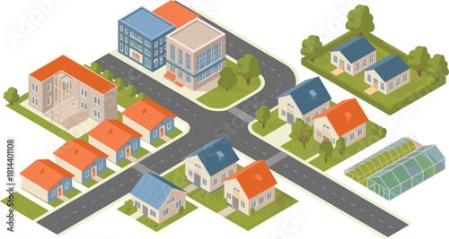 Isometric small town neighborhood with houses streets buildings trees suburban residential community illustration showing urban layout home architecture design