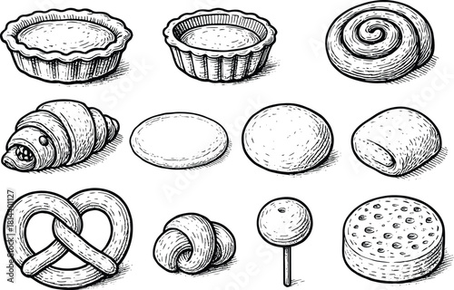 Hand drawn vintage bakery collection featuring tart shells, rolls, pretzels, dough pieces and assorted classic pastries