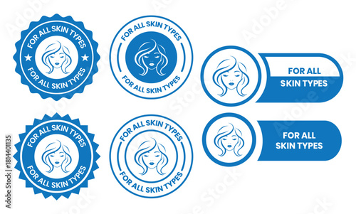 For all skin types label icon set. Face beauty women skin care packaging label for cream, toner, moisturizer, facial mask, lotion, logo, badge, symbol, black, line vector, isolated on white background