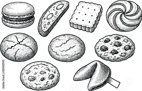 Hand drawn vintage cookie and biscuit collection with macarons, biscotti, swirl cookies and assorted classic sweet snacks