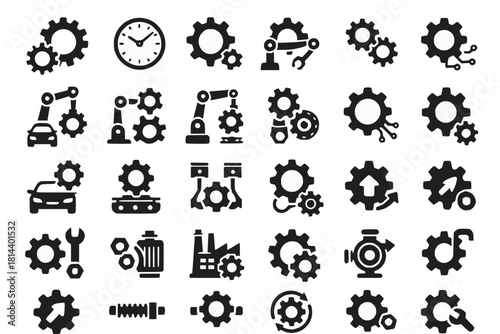 Gear Icons in Functional Systems with Clockwork Robotics Automotive Engines and Factory Machinery in Black Silhouettes on White Background
