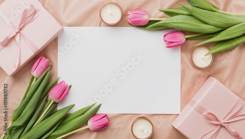 Elegant Arrangement of Tulips and a Gift on a Soft Pink Backdrop for a Specia...