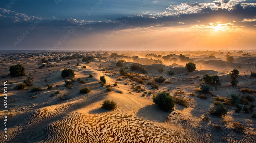Obraz premium Cholistan Desert Pakistan vast sandy plains wind shaped dunes desert vegetation and nomadic lifestyle sunrise casting dramatic shadows