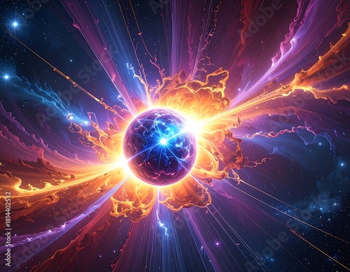 Cosmic symphony: a vibrant sphere radiating energy in a nebula backdrop