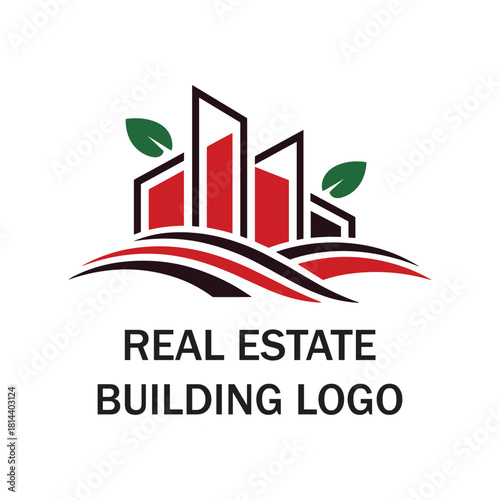 Real Estate Building Logo Design with Modern Skyline and Green Leaf Elements
