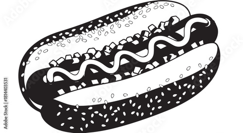 Savory grilled hotdog in a sesame bun with toppings, a classic street food favorite enjoyed as a portable snack.