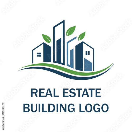 Modern real estate building logo with green eco elements and city skyline design