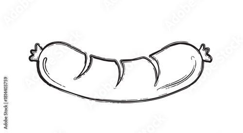 Cartoon sausage illustration, simple line art snack on white background.
