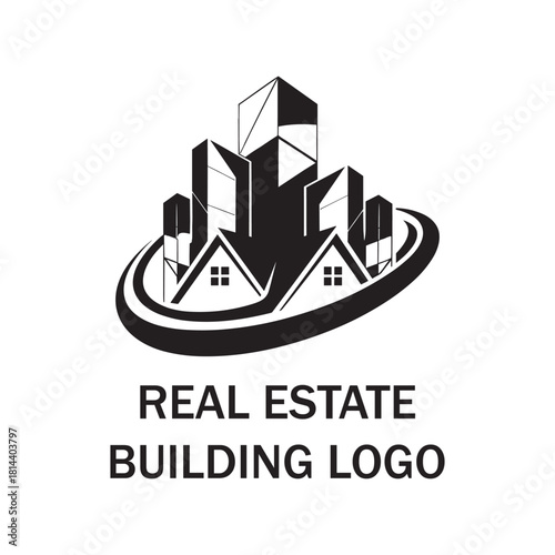 Modern Real Estate Building Logo with Houses and Skyline