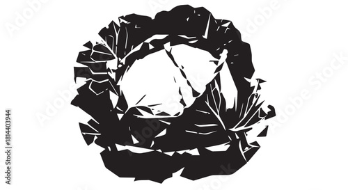 Abstract black circular wreath composed of blades and leaves with bold graphic impact.