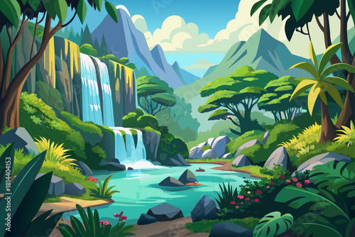 A scenic waterfall surrounded by lush green forests surrounded by vibrant foliage, peaceful natural landscape, serene outdoor environment and refreshing desert scenery ideal for travel, relaxation and