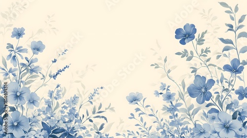 Delicate blue floral border design frames a central pale cream background space