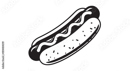Stylized hot dog sandwich illustration with bun, sausage, and toppings for food category.