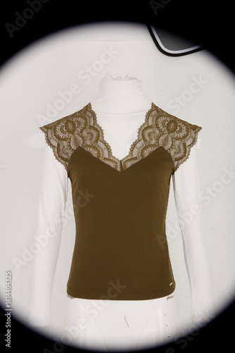 Elegant olive green lace trimmed v neck top
